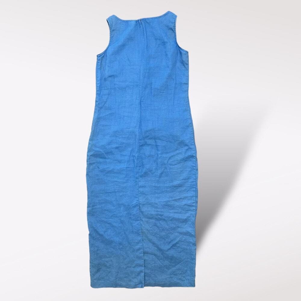 Casual Corner Blue‎ Linen Maxi Dress Size 6 Vintage Classic Coastal Boho Minimal - Picture 6 of 9